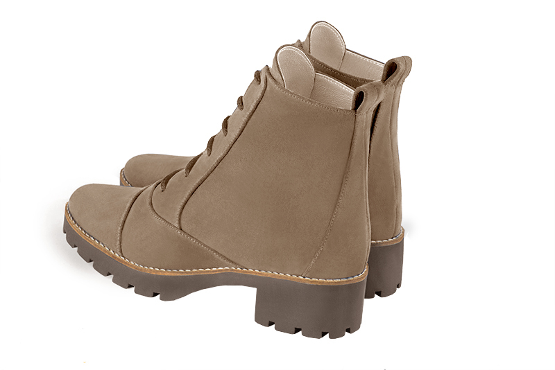 Biscuit beige women's ankle boots with laces at the front. Round toe. Low rubber soles. Rear view - Florence KOOIJMAN
